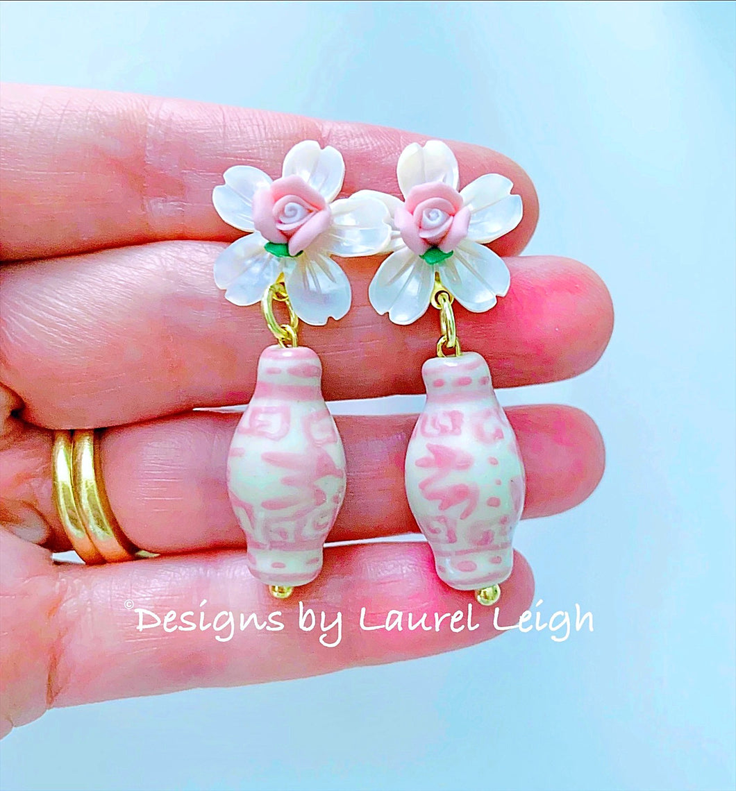 Pink Ginger Jar Floral Pearl Earrings - Chinoiserie jewelry