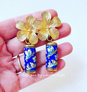 Chinoiserie Blue Cloisonné Floral Earrings - Chinoiserie jewelry
