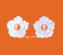 Load image into Gallery viewer, Orange &amp; White Floral Cameo Pearl Studs - Chinoiserie jewelry