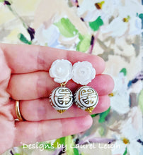 Load image into Gallery viewer, Gold and White Chinoiserie Pearl Flower Earrings - 2 Styles - Ginger jar