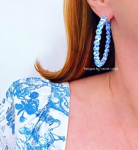 French Blue & White Floral Beaded Hoops - Chinoiserie jewelry