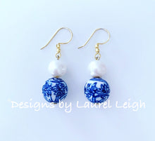 Load image into Gallery viewer, Chinoiserie Vintage Orchid Bead &amp; Pearl Earrings - Gold or Silver Finish - Ginger jar