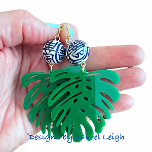 Green Chinoiserie Monstera Palm Leaf Earrings - Chinoiserie jewelry