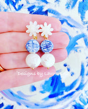 Load image into Gallery viewer, Chinoiserie Blue &amp; White Coin Pearl Earrings - Chinoiserie jewelry