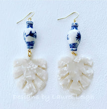 Load image into Gallery viewer, Chinoiserie Tortoise Shell Tropical Palm Leaf Statement Earrings - White Pearl - Designs by Laurel Leigh