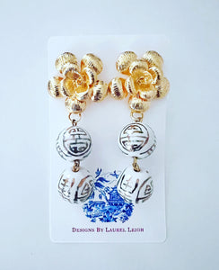 Gold & White Chinoiserie Floral Drop Earrings - Chinoiserie jewelry