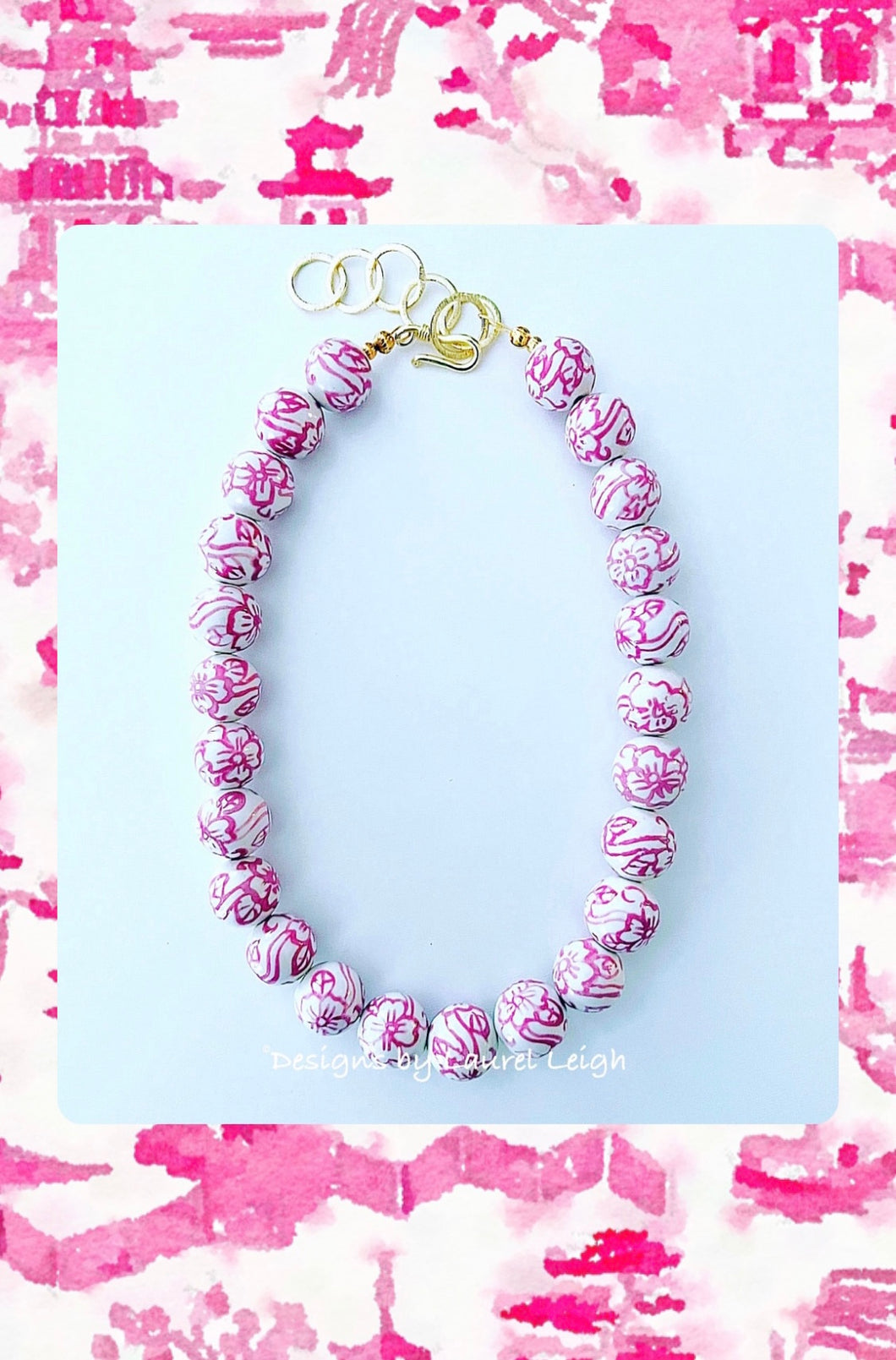 Pink & White Chinoiserie Floral Necklace - Chinoiserie jewelry