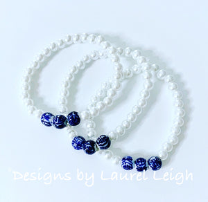 Dainty Chinoiserie Pearl Bracelet Stack - Set of 3 - Blue and White - Ginger jar
