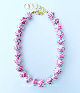 Pink & White Chinoiserie Floral Necklace - Chinoiserie jewelry
