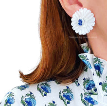 Load image into Gallery viewer, Blue &amp; White Petite Fleur Pearl Studs - Chinoiserie jewelry