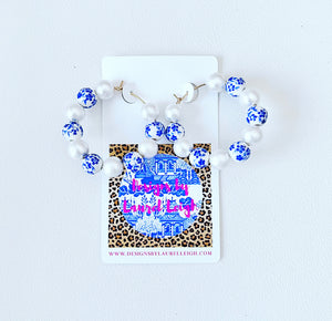 Blue & White Chinoiserie Floral Beaded Hoops - Chinoiserie jewelry