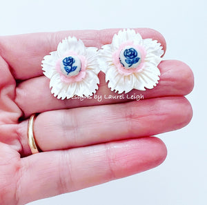 Chinoiserie Pink, Blue & White Floral Pearl Studs - Chinoiserie jewelry