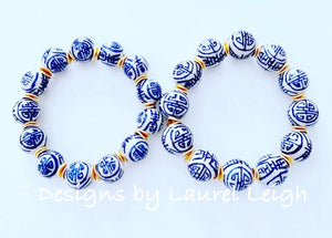 Blue & White Chinoiserie Longevity Bead Bracelet- 2 Sizes - Ginger jar