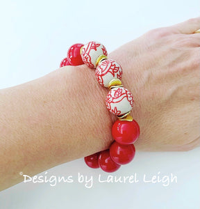 Chinoiserie Red Peony Flower & Pearl Beaded Statement Bracelet - Ginger jar
