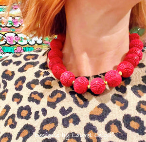 Chinoiserie Red Cinnabar Statement Necklace - Chinoiserie jewelry
