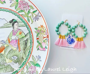 Chinoiserie Beaded Tassel Hoop Earrings - Light Pink & Green - Ginger jar