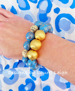 Gold and Hydrangea Blue Chinoiserie Filigree Statement Bracelet - Ginger jar