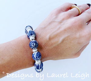 Blue and White Chinoiserie Beaded Statement Bracelet - Longevity Symbol w/ Silver - Ginger jar