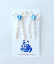 Load image into Gallery viewer, Wedgwood Blue Cameo Pearl Bow Earrings - Chinoiserie jewelry