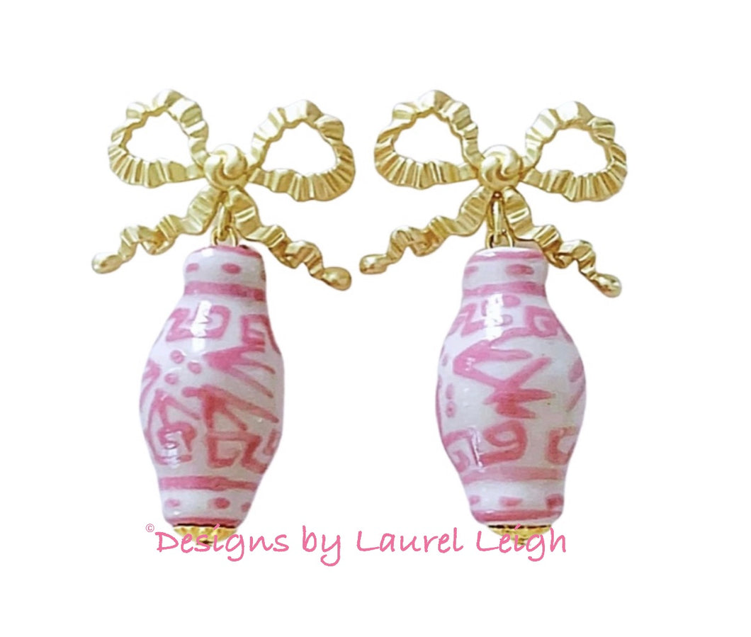 Pink Ginger Jar Ruffled Bow Earrings - Chinoiserie jewelry