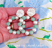 Load image into Gallery viewer, Chinoiserie Longevity Bead and Pearl Hoops - Green &amp; White - Ginger jar