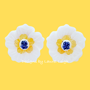 Blue, White & Yellow Petite Fleur Pearl Studs - Chinoiserie jewelry