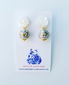 Gold and White Chinoiserie Pearl Flower Earrings - 2 Styles - Ginger jar