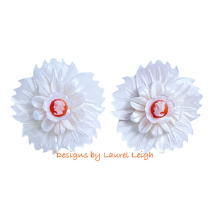 Orange & White Floral Cameo Pearl Studs - 2 Sizes - Chinoiserie jewelry
