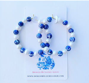 Chinoiserie Longevity Bead and Pearl Hoops - Blue & White - 3 Styles - Ginger jar