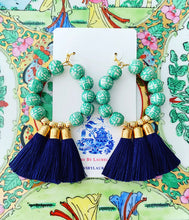 Load image into Gallery viewer, Chinoiserie Longevity Beaded Tassel Hoops - Green &amp; Navy - Chinoiserie jewelry