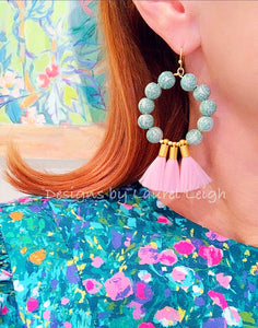 Chinoiserie Beaded Tassel Hoop Earrings - Light Pink & Green - Ginger jar