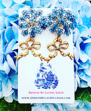 Load image into Gallery viewer, Blue Hydrangea Bow Drop Earrings - Chinoiserie jewelry