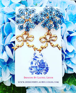 Blue Hydrangea Bow Drop Earrings - Chinoiserie jewelry
