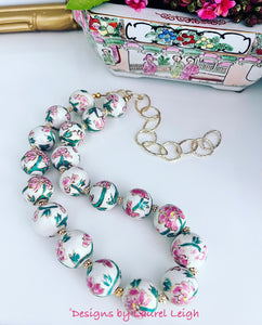 Pink & Green Peony Necklace - Chinoiserie jewelry