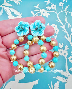 Turquoise & Gold Floral Hoops - Chinoiserie jewelry