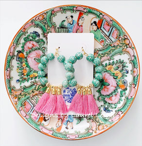 Chinoiserie Beaded Tassel Hoop Earrings - Light Pink & Green - Ginger jar