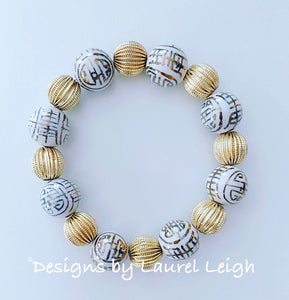 Gold and White Chinoiserie Beaded Statement Bracelet - Ginger jar