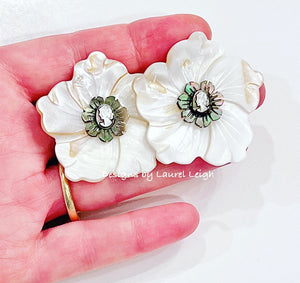 White & Silver Cameo Pearl Flower Earrings - Chinoiserie jewelry