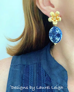 Blue and White Chinoiserie Coin Earrings with Gold Floral Posts - Ginger jar