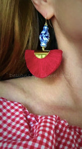 Chinoiserie Ginger Jar Fan Tassel Earrings - Red - Designs by Laurel Leigh
