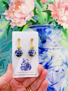 Blue and White Chinoiserie Floral Gold Drop Earrings - Ginger jar