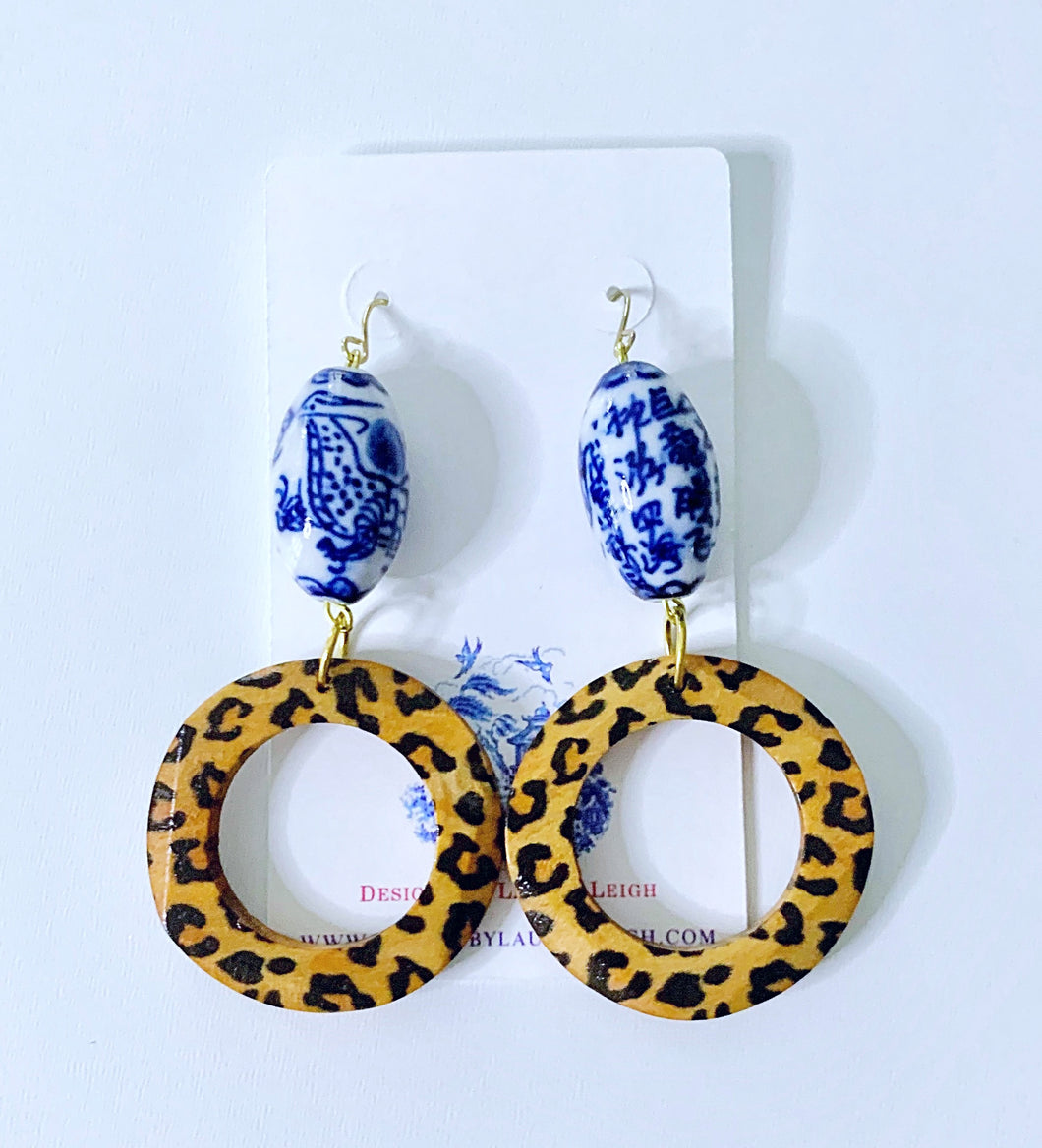 Chinoiserie Leopard Print Beaded Hoop Earrings - Ginger jar