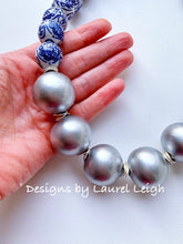 Load image into Gallery viewer, Blue and White Chinoiserie with Jumbo Pearl Chunky Statement Necklace - Silver - Designs by Laurel Leigh