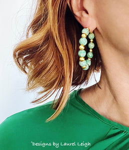 Green Chinoiserie Longevity Beaded Hoops - Chinoiserie jewelry
