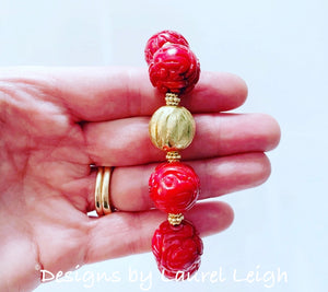 Chunky Red & Gold Bamboo Coral Statement Bracelets - Ginger jar
