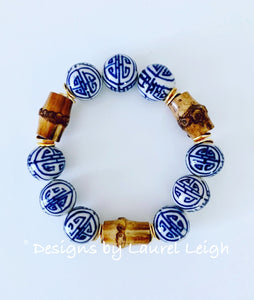Chunky Blue and White Chinoiserie Bamboo Statement Bracelet - Ginger jar