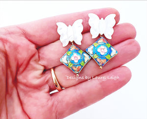 Cloisonné Pearl Butterfly Earrings - Chinoiserie jewelry
