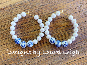 Blue and White Floral Chinoiserie Pearl Hoop Earrings - Ginger jar