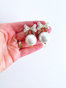 Rhinestone Bow Jumbo Pearl Drop Earrings - Chinoiserie jewelry
