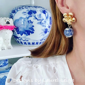 Blue and White Chinoiserie Peony Earrings - Ginger jar